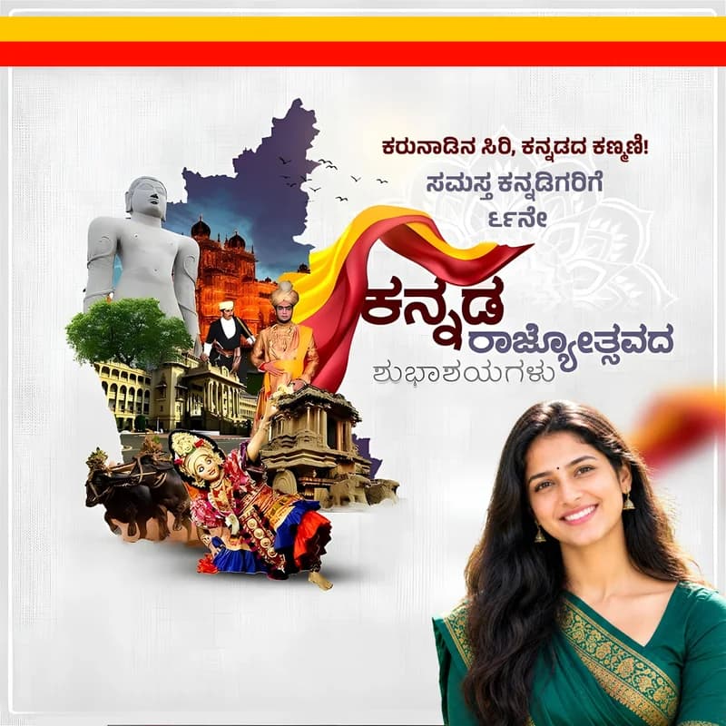 Kannada Rajyotsava poster – ಕನ್ನಡ ರಾಜ್ಯೋತ್ಸವದ ಶುಭಾಶಯಗಳು – with Karnataka landmarks and the user's photo